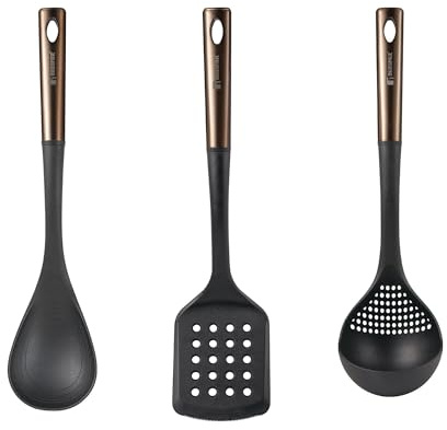 Bergner Copper Set di 3 Utensili da cucina: Spatola scanalata, Cucchiaio e Mestolo in PBT nero e rame