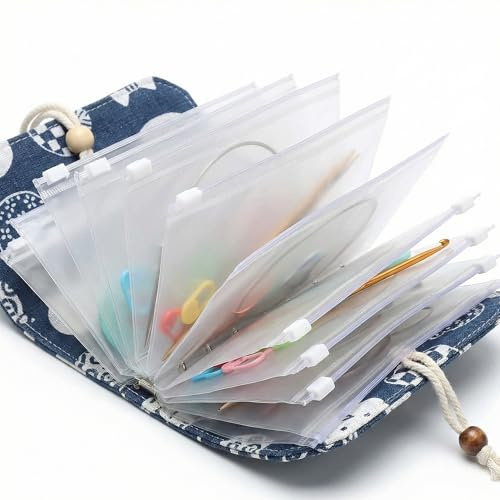 Dtenlur Stricknadeln Tasche Oxford-Etui für Stricknadeln, 19 * 13cm Rundstricknadel-Organizer mit 11 Ttransparenten Reißverschlusstaschen, Stricknadelntasche Aufbewahrungstasche für Rundstricknadeln