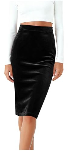 Jupe crayon pour femme - Longueur genou - En velours - Avec fente - Élégante - Taille haute - Bodycon - Décontractée - Couleur unie - Pour le bureau, Noir , M