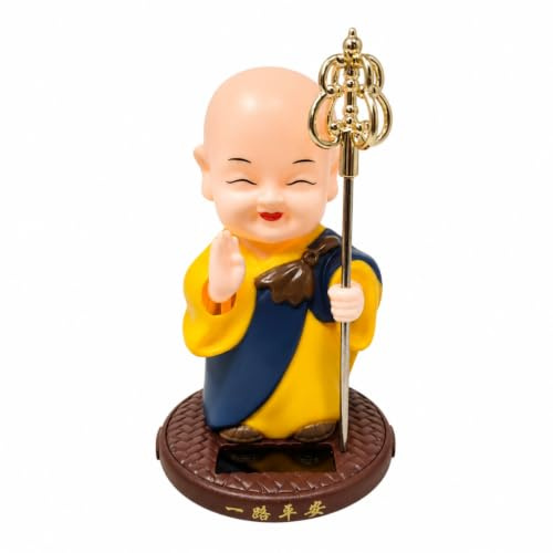 Starlet24 Solar Wackelfigur Mönch fürs Auto - Nickender Buddha mit Wippender Hand & Goldenem Stab - Solarbetriebene Dekofigur Auto Dashboard, Kleiner Buddha Glücksbringer Dekoration, 11cm