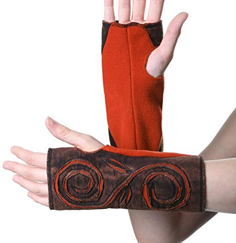 Kunst und Magie Cutwork Fleece Pulswärmer Armstulpen Stulpen Goa Hippie Psy Handwärmer, Braun/Orange