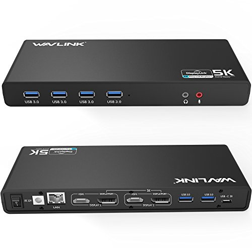 WAVLINK USB C＆3.0 Ultra 5K Docking Station HD Dual Video Multifunción Display con 2x5K DP Puertos, 2x4K HDMI Puertos, 6xUSB 3.0, Gigabit Ethernet, Audio out y Mic in, para MacBook Neo