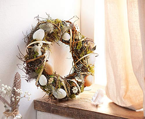 Osterkranz Ø 30 cm, Reisigkranz mit Moos, Holz-Blumen & Kunststoff-Eiern, Wandkranz, Türkranz, Tischkranz, Dekokranz