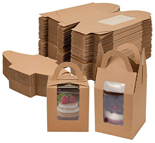 Jucoan 100 Pack Cupcake Box, 9.4 x 9.4 x 11 cm Kraft Paper Individual Cupcake Container with Window and Handles, Bulk Single Cupcake Packaging Box for Muffin, Party Favor Pastry Treat Boxes