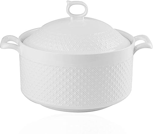 ABHOME Porcelain Soup Tureen with Lid 2.4 Liter Pure White Oval Serving Tureen Soup for Restaurant Thin Waist Cute Ceramic Covered Tureen, White