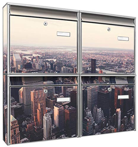 banjado Briefkastenanlage 4 Fach - Postkästen groß - verzinkter Stahl Silber DIN A4 Motiv Skyline - Briefkasten Set 4 Briefkästen Namensschild, 2 Schlüssel, Montagematerial