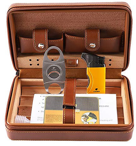 CYzpf Zigarren Zubehör Sets Leder Feuerzeuge Winddicht Metall Zigarrenschneider Tragbarer Reisehumidor Humidor Werkzeug für Reisen und Arbeit,Brown