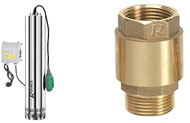 Ribiland 07366 - Pompe de Puits Profond - 750 Watts - En Inox - Débit Maxi 7800 l/h - Profondeur d'immersion Max 15 m & 02214 - Clapet Anti-Retour - En Laiton Or