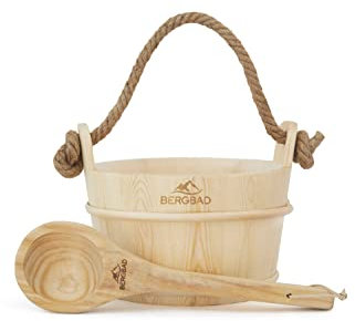BERGBAD Secchio per sauna con mestolo, 3,5 litri, in legno naturale, accessorio di alta qualità con inserto in plastica e corda di canapa