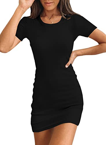 Valiamcep Womens Bodycon Dress Summer Ribbed Short Sleeve Scoop Neck Slim Fit Sexy Bodycon Mini Dress Black S