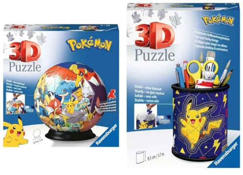 Ravensburger 3D Puzzle 11785 - Puzzle-Ball Pokémon - 72 Teile & 11257 - Utensilo Pokémon Pikachu - 54 Teile - Stiftehalter für Pokémon Fans ab 6 Jahren, Schreibtisch-Organizer für Kinder