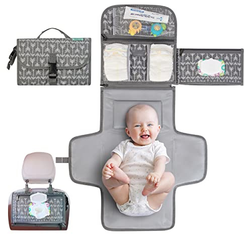 Kopi Baby Portable Diaper Changing Pad-Baby Diaper Changer Travel Bag with Wipes Pocket, Smart Design Portable Changing Mat, Infant Travel Station Kit,Gift for Newborn Girl & Boy-Grey Arrows, Premium