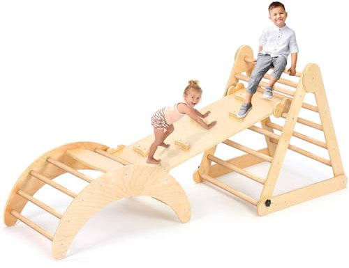 YOLEO Kletterbogen Holz, 3 in 1 Bogenwippe, Indoor Klettergerüst für Babys ab 2 Jahr, Montessori Wippe, Spielbogen mit Kletterdreieck/Rutsche Kombinierbar, Leiter für Gleichgewichtstraining