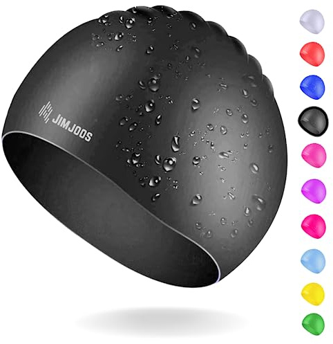 JIMJOOS Cuffia da nuoto per bambini dai 3 ai 14 anni, in silicone, antiscivolo, elastica, impermeabile, resistente, inodore, con custodia protettiva, colore nero, 3-8 anni