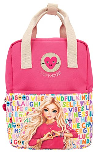Depesche 11972 TOPModel SelfLove - Rucksack für Kinder mit Model-Motiv, buntem Schrift-Design, Tasche in Pink mit verstellbaren Trägern und Anhänger