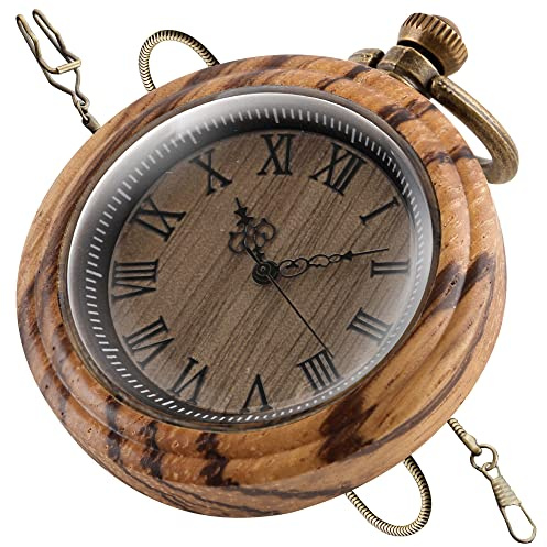 Tiong Vintage Wooden Quartz Pocket Watch Handmade Bamboo Wood Antique Pocket Watches with Chain Men's Pendant & Gift Box