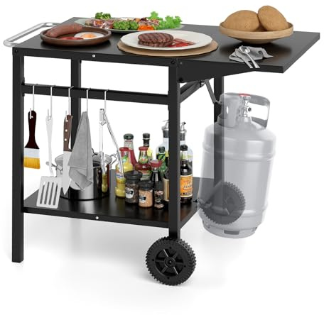 GOPLUS Küchenwagen mit 2 Rollen, Servierwagen aus Metall, mit klappbarer Tischplatte & Haken & Griffe, 2 Ebenen Allzweckwagen für Küche Garten, mobiler Outdoor Grilltisch, Schwarz