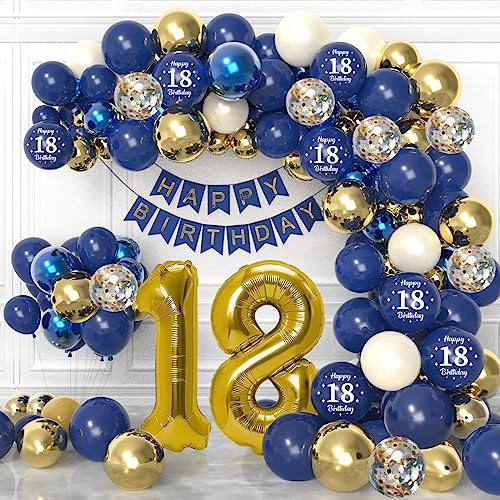 18 Geburtstag Deko Junge Mädchen, 18. Geburtstag Marineblau Gold, Geburtstagsdeko 18 Junge, Happy Birthday Banner, Deko 18 Geburtstag Konfetti Luftballons, Luftballons 18. Jahre für Mann Frauen