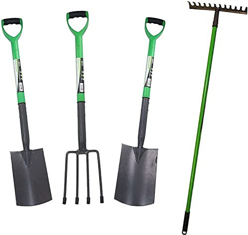 AAMEN 4-Pcs Garden Tools Set, Rake, Border Spade, Digging Spade & Fork, Heavy Duty Garden Tools For Gardening, Handy Garden Tool Set, Lightweight Design & Plastic Coated Comfort Handle-(Black+Green)