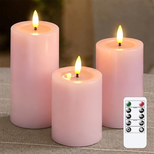 Yeelida Flammenlose LED-Kerzen mit Wachsöl-Effekt, flackernde Fernbedienung 3er Pack Rosa Säule Batteriebetriebener Timer Elektrische Kerzen aus echtem Wachs (7.5x10,12.5,15cm)
