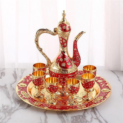 HJDSUDU Set da tè Arabo, Set da caffè Turco Vintage con Vassoio per teiera e 6 Tazze Decorazioni Artigianali Set di Flagon Set di Tazze turche Teiera Turca,Rosso