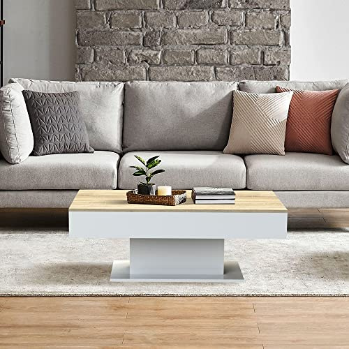 ML-Design Tavolino da Salotto con 2 Scomparti Sotto il Piano Scorrevole Legno MDF Bianco/Aspetto di Legno Quercia 110 x 60 x 40 cm Tavolo da Caffè per Soggiorno con Spazio di Archiviazione