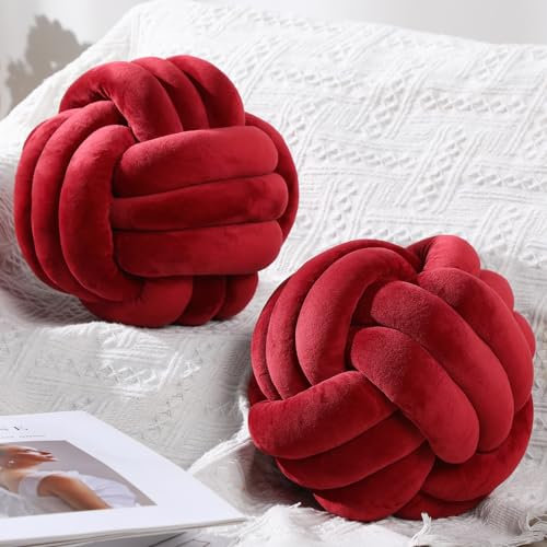 Namalu 2 Stück Plüsch Ball Knoten Kissen Runde Ästhetische Knoten Dekokissen Weiche Geknotete Wurfkissen Süße Plüsch Knoten Zierkissen für Stressabbau Kinder Schlafzimmer (Weinrot, 20 cm)