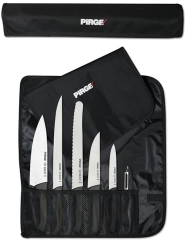 Pirge Ecco Set de Couteaux de Cuisine Professionnel 7 Pièces Avec Sac en Rouleau - Chef, Filet, Pain, Boucher, Légumes, Éplucheur