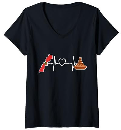 Maroc Tajine Heartbeat – Tajine Drapeau Marocain Nourriture T-Shirt avec Col en V