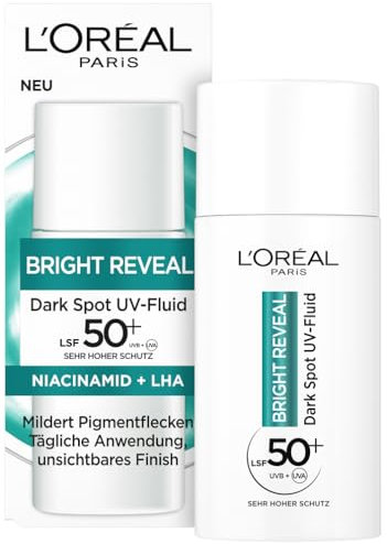 L'Oréal Paris UV Fluid LSF 50 - Schützt vor Sonnenstrahlen, Beugt Falten & Pigmentflecken vor, mit Vitamin C und E, Bright Reveal UV Fluid, 50 ml