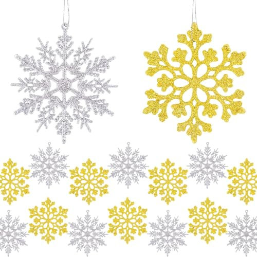 Ywwltt 24 Stück Schneeflocken Weihnachten Deko, Weihnachtsbaumschmuck Glitter Schneeflocken Deko, Weihnachtsdeko SchneeflockenSchneeflocke Anhänger, Weihnachtsbaum Glitzer Weihnachtsbaumschmuck