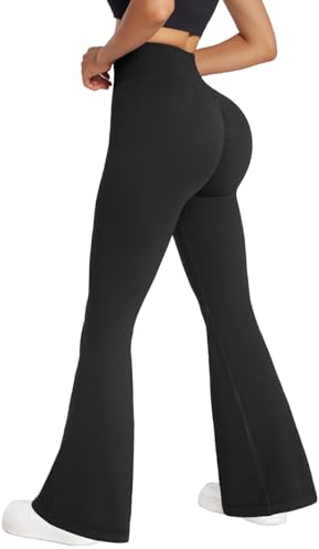 RXRXCOCO Damen High Waist Schlaghose Yoga Hose Flared Leggings Bootcut Hose Push Up Scrunch Booty Lang Sporthose Laufhose Schwarz S