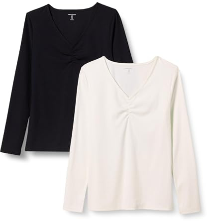 Amazon Essentials Camiseta Ajustada de Manga Larga de Punto Trenzado con Cuello de Pico ceñido Mujer, Pack de 2, Cáscara de Huevo/Negro, S