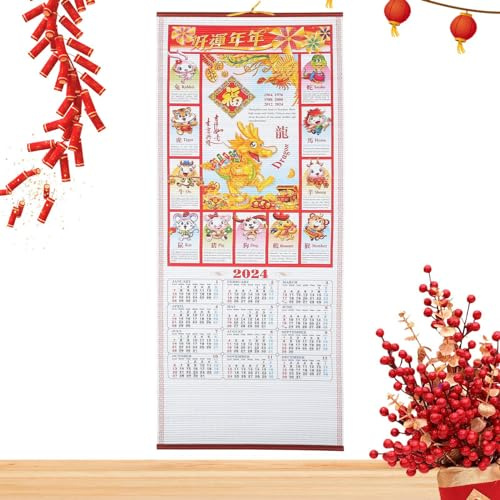 Kinesisk rullkalender 2024 - Dragon 2024 kalender - Kinesisk månkalender 2024 - Drakkalender | 31,8 x 76,2 cm