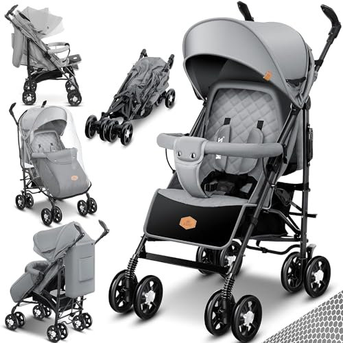 KIDIZ® Kinderwagen City-Pro Buggy Kinderbuggy klappbar Liegebuggy Sportwagen Faltbar 360° 6-Zoll-Rädern Inkl. Moskitonetz, Fußsack und Regenverdeck zusammenklappbar Schlaffunktion Grau