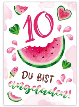 Minkocards 10 Einladungskarten zum 10. Kindergeburtstag Mädchen Wassermelone Einladung zehnte Geburtstag Mädchengeburtstag Geburtstagseinladungen