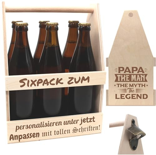 PAPA THE MAN-Bierträger personalisiert Sixpack Flaschenträger Bierträger aus Holz mit Gravur Männerhandtasche mit Namen Geburtstagsgeschenk Biergeschenk Vatertag Geschenk für Männer Männertag