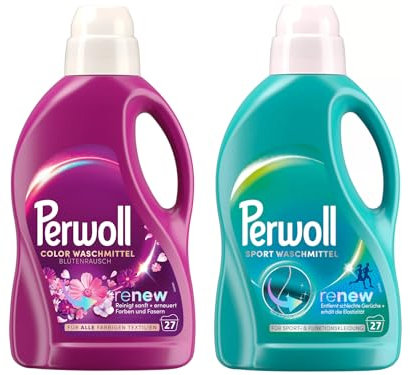 PERWOLL Flüssig-Set 2x 27 Waschladungen (54WL) Color Blütenrausch & Sport, Feinwaschmittel erneuert Farben und Fasern & Hygiene Waschmittel, entfernt schlechte Gerüche