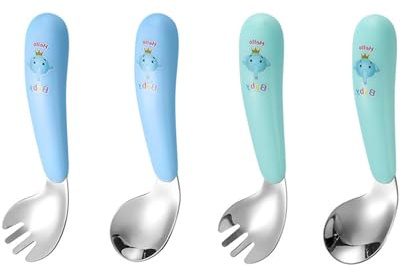 JOYOLA 4-teiliges Kinderbesteck - Edelstahl, Baby Esslernbesteck mit gebogenem Löffel und Gabel für die Selbstfütterung von Babys und Kleinkindern