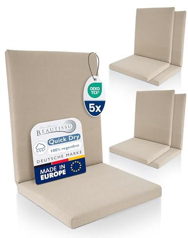 Beautissu 5er Set Premium Niedriglehner Auflage 100% Wasserdicht Sitzkissen | 100x50cm Beige Gartenstuhl bequem pflegeleicht waschbar Polsterauflage Gartenmöbel Stuhlauflage UV-beständig Auflagen QD-NL