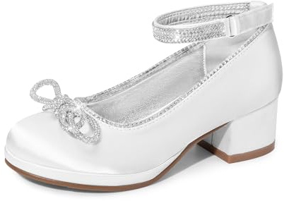 DREAM PAIRS Girls Chunky Heel Pumps | Platform Added Height, Block Heel Stable Base, Glitter Upper Shine, Rhinestone Bow Sparkle