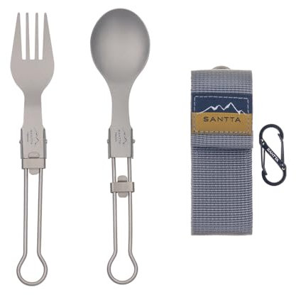 SANTTA Light Weight Titanium Folding Fork Spoon 2 Piece Utensil Set with Carry Bag and Carabiner for Camping, Hiking, Backpacking and Travelling