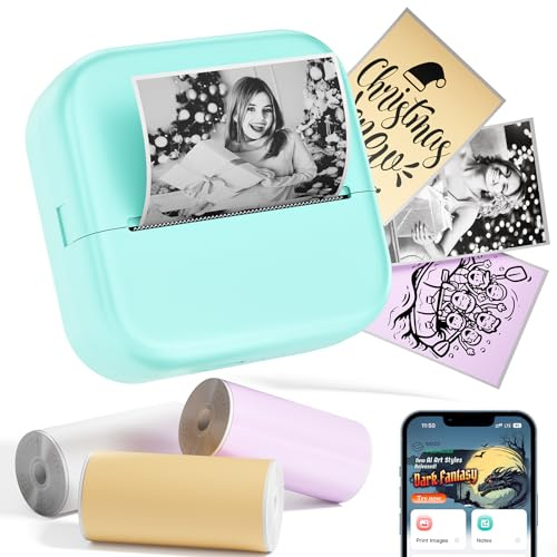 Phomemo Mini Drucker - M02X Aufkleberdrucker, Mini Tragbarer Handydrucker, Bluetooth Inkless Mini Sticker Printer, Thermodrucker für die Hosentasche zum Lernen, Notizen und Fotos, mit 3 Rollen Papier