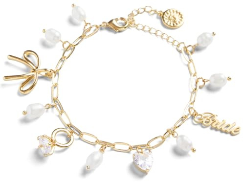 xo, Fetti Gold Bride Charm Bracelet | Pearl Bachelorette Accessory, Rhinestone Bridal Jewelry, Bach Party Decorations, Bridesmaid Gift, Wedding Chain Bangle