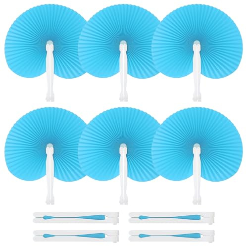 PATIKIL Round Shaped Paper Hand Fans, 20 Pack Bulk Folding Fan Handheld with Plastic Fan Handles for Wedding Party Decoration Birthday Guest Favors DIY Supplies, Light Blue