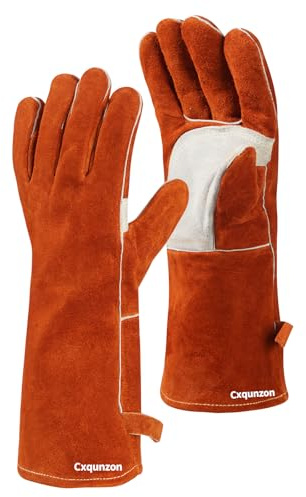 Cxqunzon Leather MIG Welding Gloves - Heat Fire Resistant for Welding/Grilling/BBQ(Black/Brown/Blue) (Brown-Gray, Large)