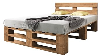 Lermowood Palettenbett M2 aus Holz 180 x 200 cm Eiche mit Kopfteil Holzbett 40cm Stabiles Seniorenbett Kinderbett Jugendbett Gästebett erhöhtes Einzelbett Bettgestell Futonbett Komforthöhe Naturholz