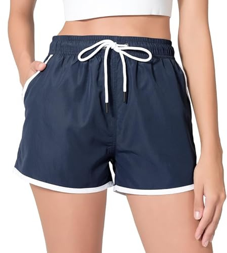 riemot Badeshorts Damen Schnelltrocknend, Strandshorts mit Elastischem Bund & Kordelzug, Schwimmshorts mit Netzfutter und Taschen, Sport- & Beach Shorts für Sommer,Marineblau,XXL
