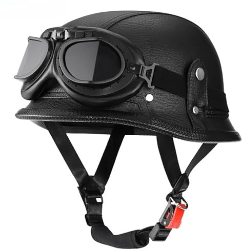 Tysk stil halvhjälm retro öppet ansikte motorcykelhjälm läderhjälm med glasögon lättviktsdesign skoter cruiser mopedhjälm för vuxna män och kvinnor A, XL (59–60 cm)
