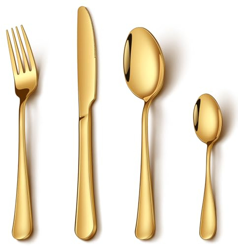 Gold Cutlery Set, NINIROR 16 Piece Food-Grade Stainless Steel Flatware Silverware Set for 4 People Include Spoon Knife and Fork Sets Mirror Polished Dishwasher Safe Modern Design